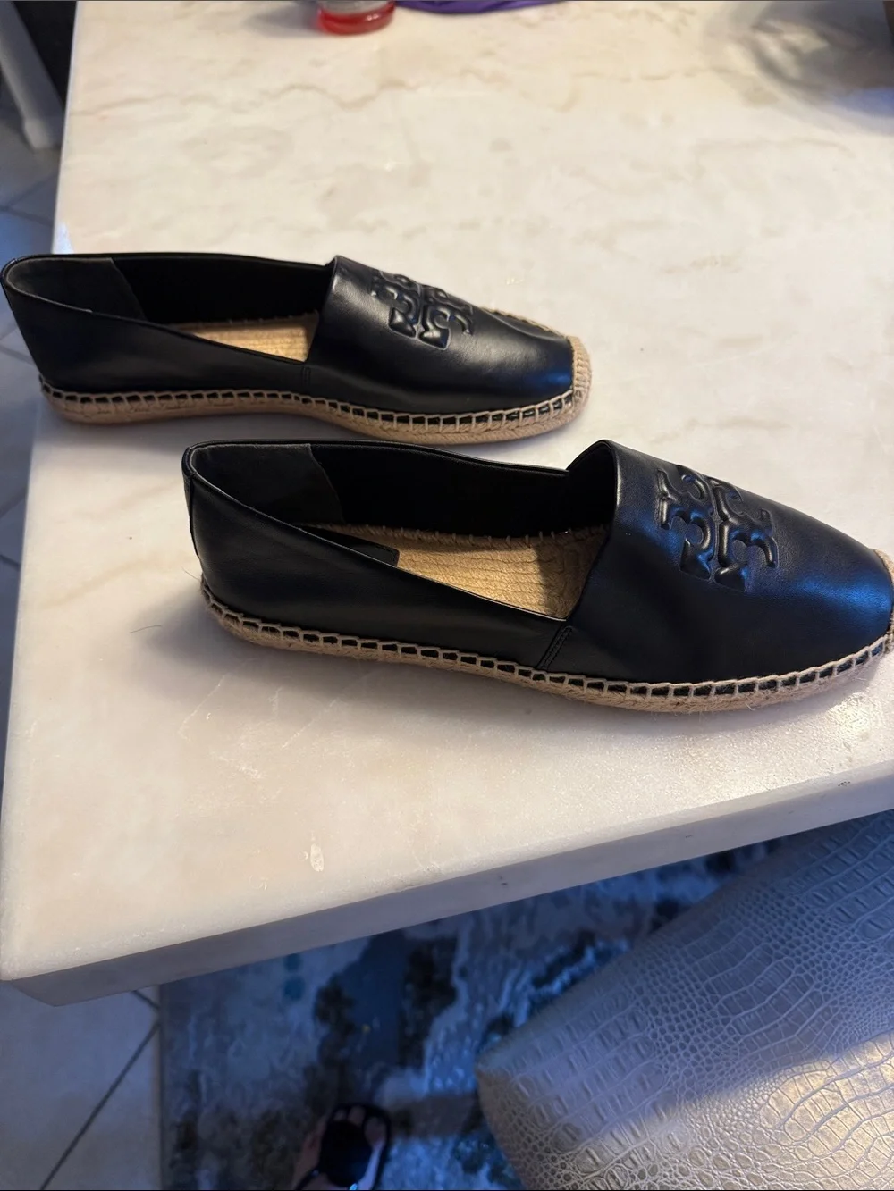 Tory Burch Black Leather Espadrille Slip-Ons with Logo - Picture 4 of 6